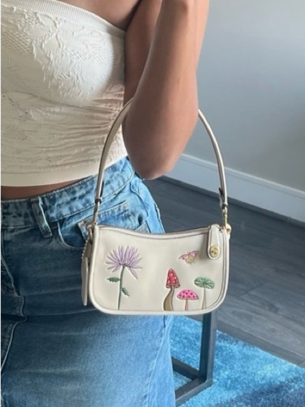 Cream Swinger Bag with Floral & Mushroom Appliqués